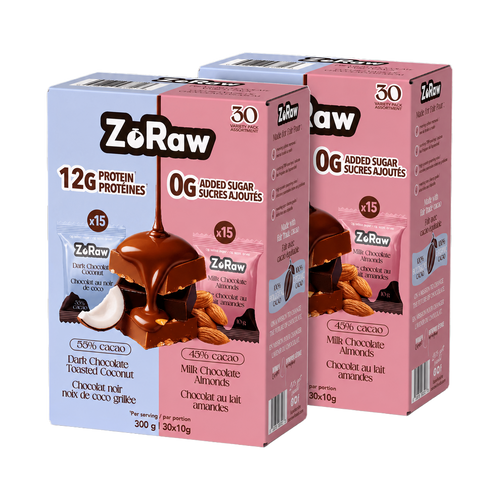 ZoRaw Protein Chocolate Bites, 60 individually wrapped bites in dark coconut and milk almond