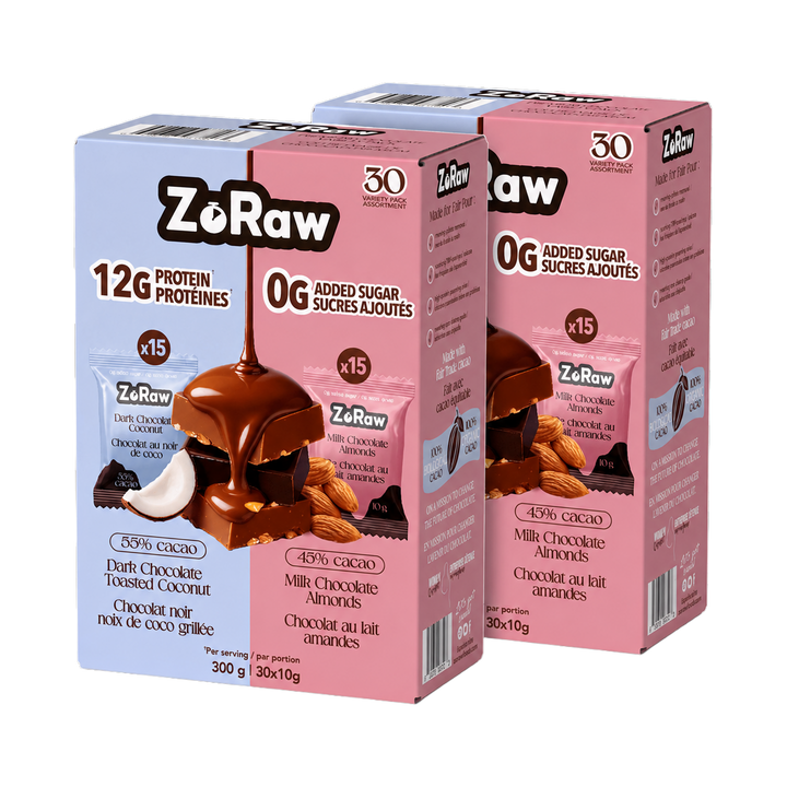 ZoRaw Protein Chocolate Bites, 60 individually wrapped bites in dark coconut and milk almond