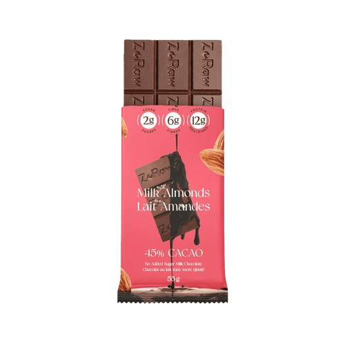 Box of 12 45% milk chocolate bars with almonds, no added sugar, 12g protein, keto-friendly snack