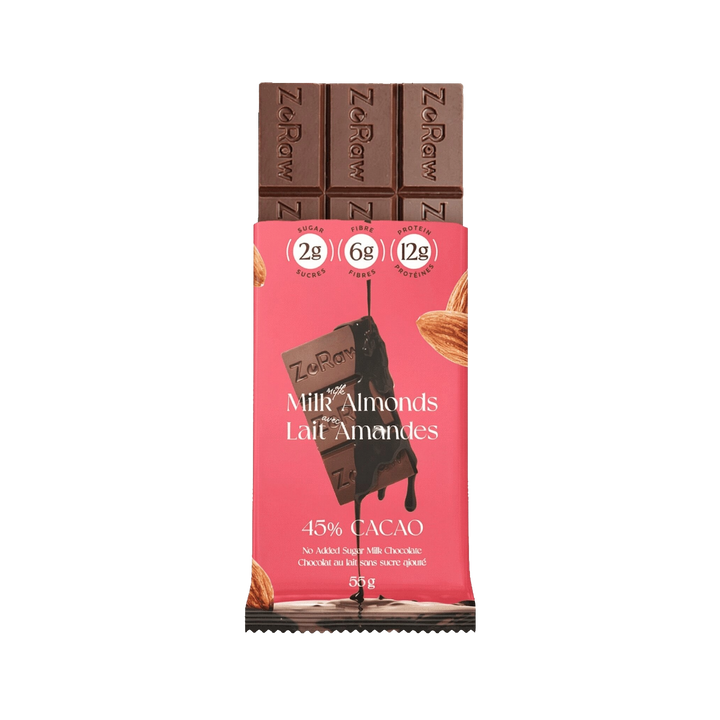 Box of 12 45% milk chocolate bars with almonds, no added sugar, 12g protein, keto-friendly snack