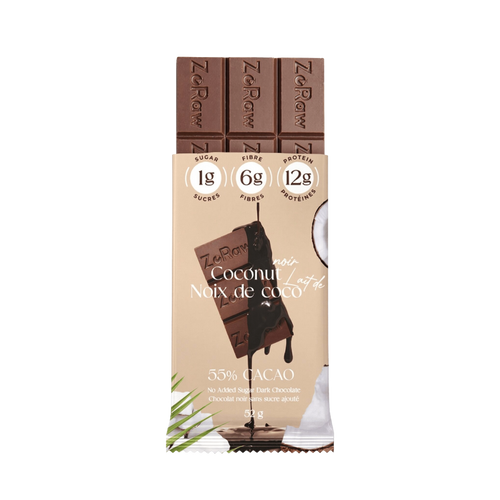 Box of 12 55% dark chocolate coconut protein bars with shredded coconut and low net carbs