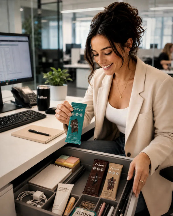 Enjoying a ZoRaw protein chocolate bar during an afternoon break