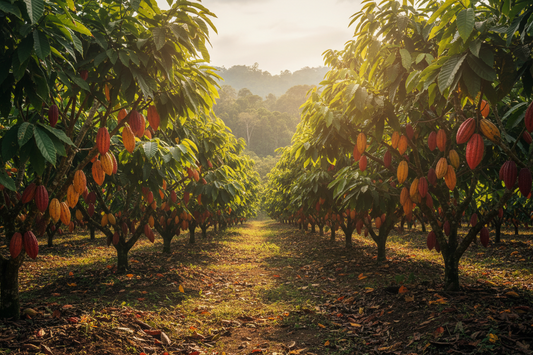 Fair trade organic cacao trees with ripe cacao pods growing on a farm