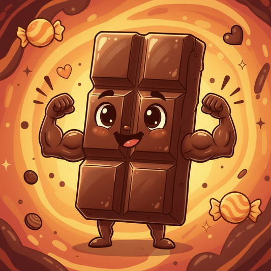 Chocolate bar showing muscles and strength in a vibrant background.
