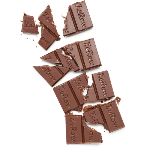 ZoRaw chocolate bar broken into pieces showing embossed logo and texture