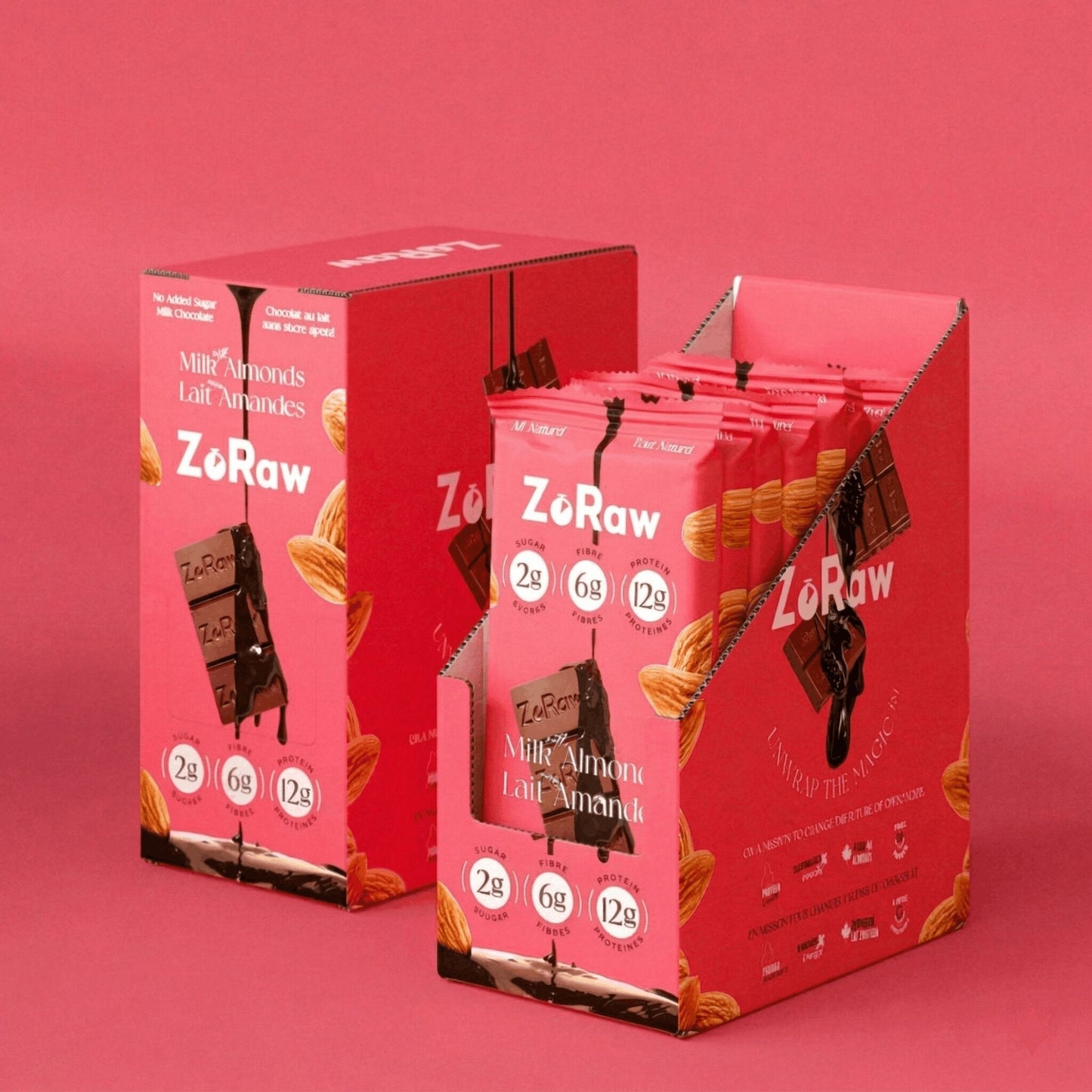 Box of 12 45% milk chocolate bars with almonds, no added sugar, 12g protein, keto-friendly and gluten-free snack