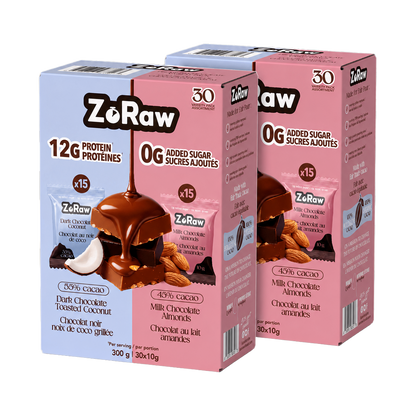 ZoRaw Protein Chocolate Bites, 60 individually wrapped bites in dark coconut and milk almond