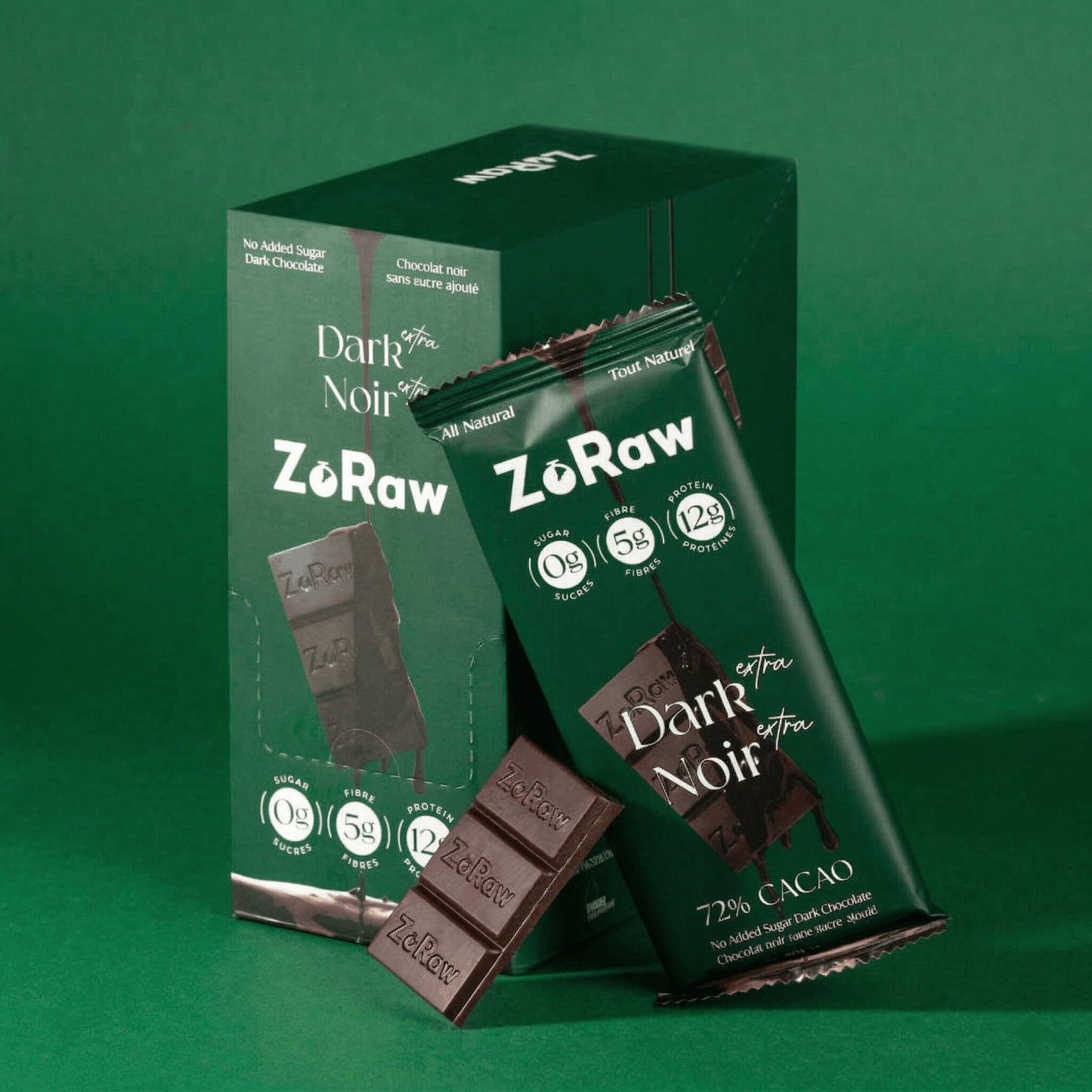 ZoRaw 72% Extra Dark Chocolate Protein Bar made in Canada with fair-trade organic cacao