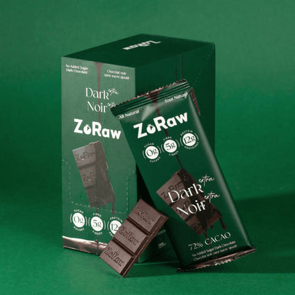 ZoRaw 72% Extra Dark Chocolate Protein Bar made in Canada with fair-trade organic cacao