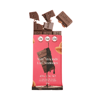 Box of 12 45% milk chocolate bars with almonds, no added sugar, 12g protein, keto and gluten-free