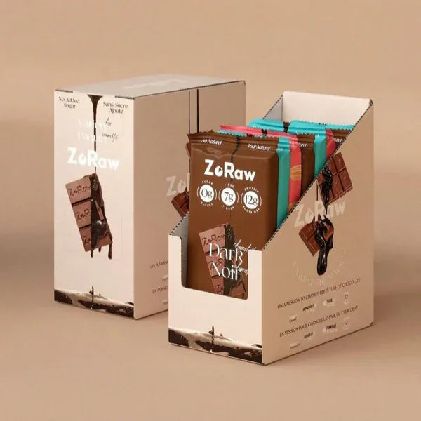 Boîte variée ZoRaw avec des barres au lait, à l'amande et au chocolat noir